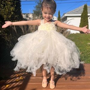 Flower Girl Dress - Cream bodice with jewel detail, tea length | 100% toole
